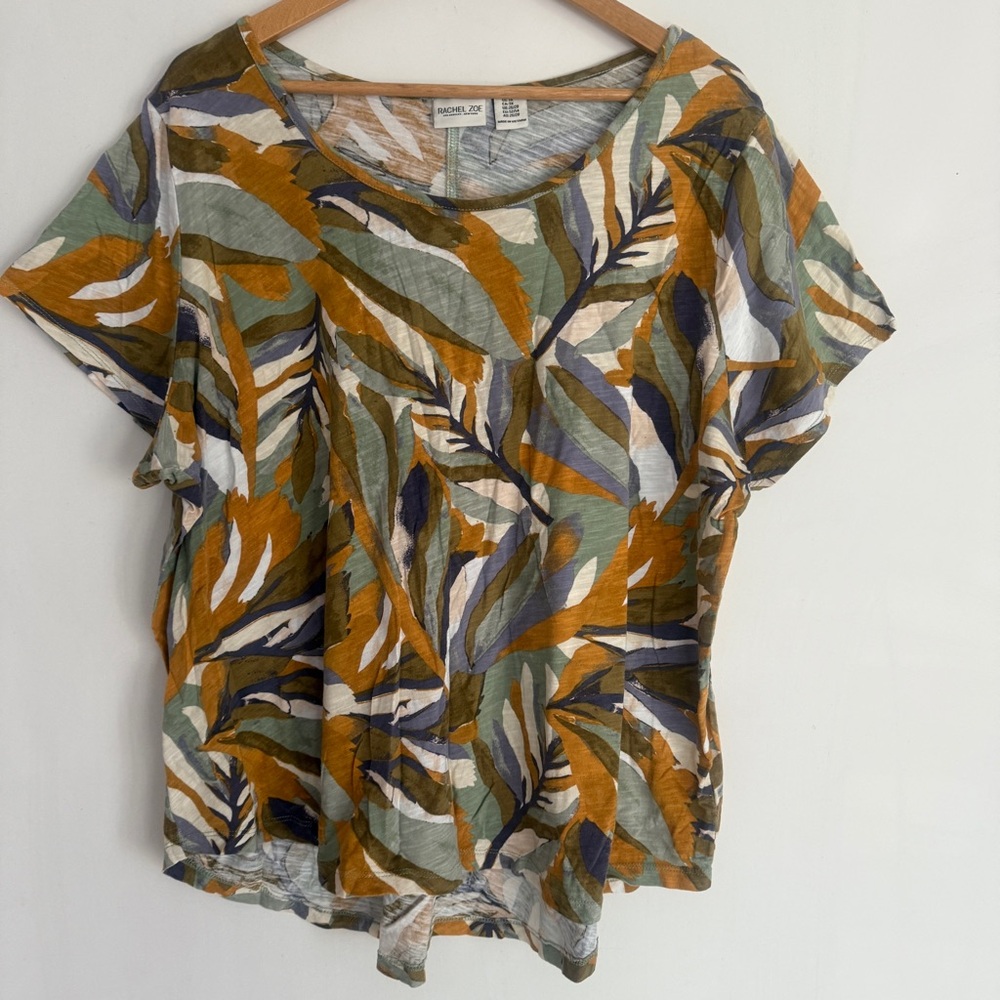 Rachel Zoe Womens Top Green Leaf Print V Neck Short Sleeve T Shirt Size 3X